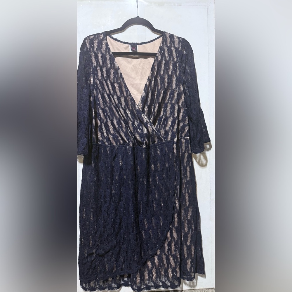 Wrapper Navy and Beige Long Sleeve Dress